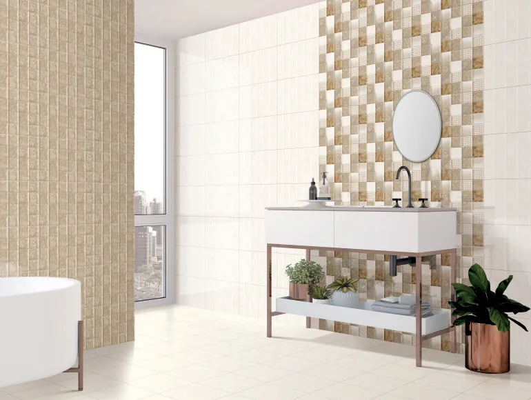 Modern Beige bathroom featuring patterned mosaic tiles